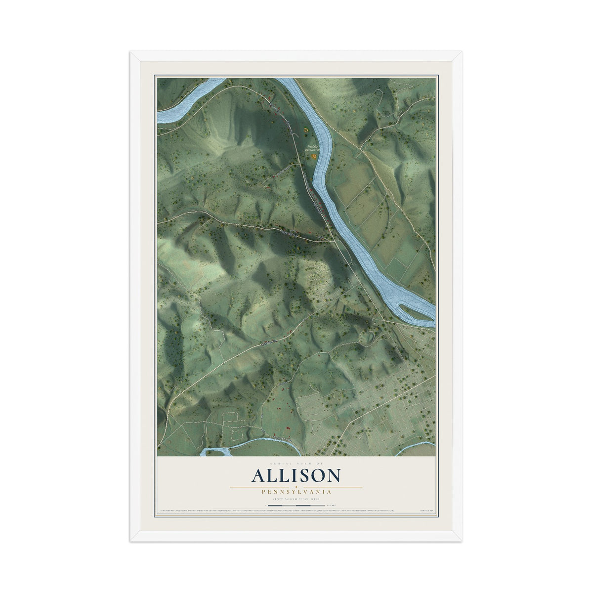 Map of Allison, Pennsylvania, 12 x 18 inch print in a white wood frame