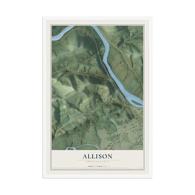 Map of Allison, Pennsylvania, 12 x 18 inch print in a white wood frame