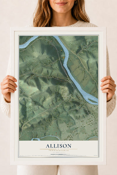 Map of Allison, Pennsylvania, 18 x 24 inch print in a white wood frame