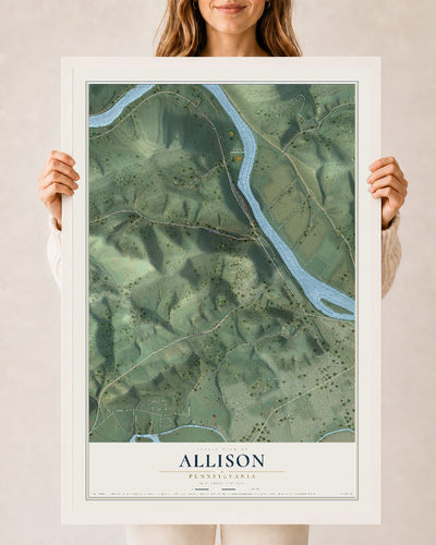 Map of Allison, Pennsylvania, 24 x 36 inch print in a white wood frame