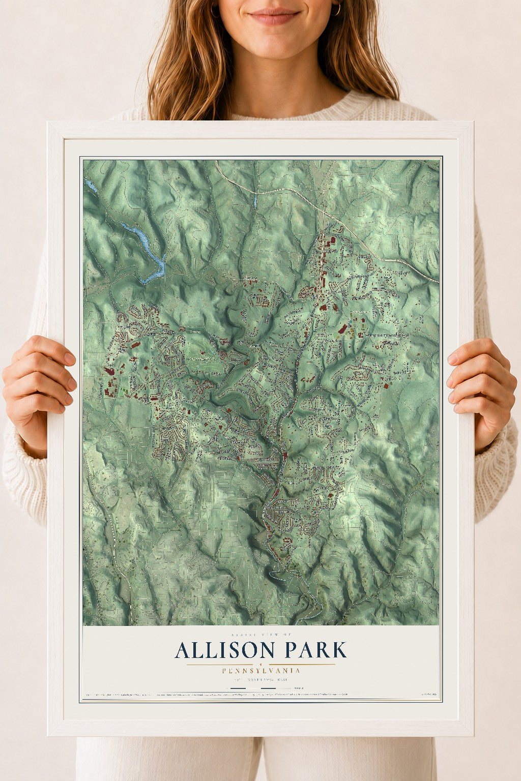 Map of Allison Park, Pennsylvania, 18 x 24 inch print in a white wood frame