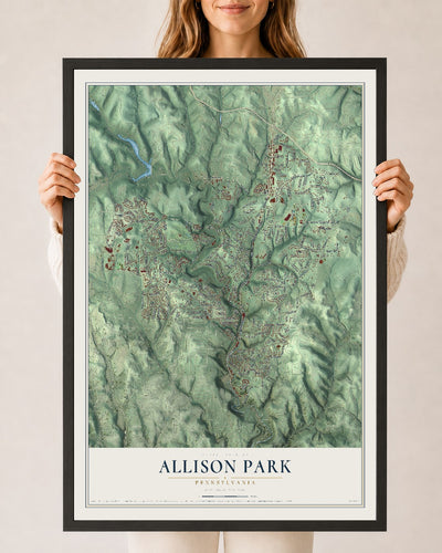Map of Allison Park, Pennsylvania, 24 x 36 inch print in a black wood frame