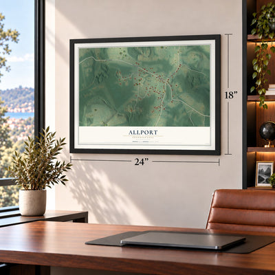 Allport, Pennsylvania map, 18 x 24 inch print in a black frame in a home office