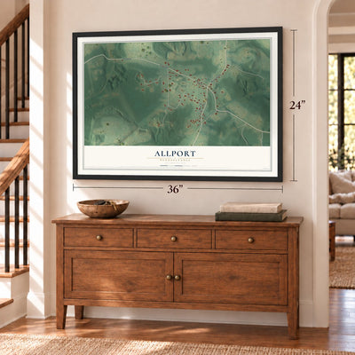 Allport, Pennsylvania map, 24 x 36 inch print in a black frame above a dresser by a staircase