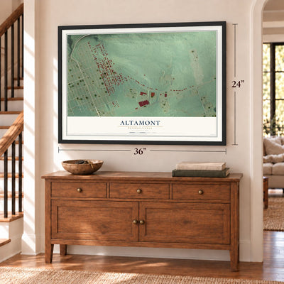 Altamont, Pennsylvania map, 24 x 36 inch print in a black frame above a dresser by a staircase