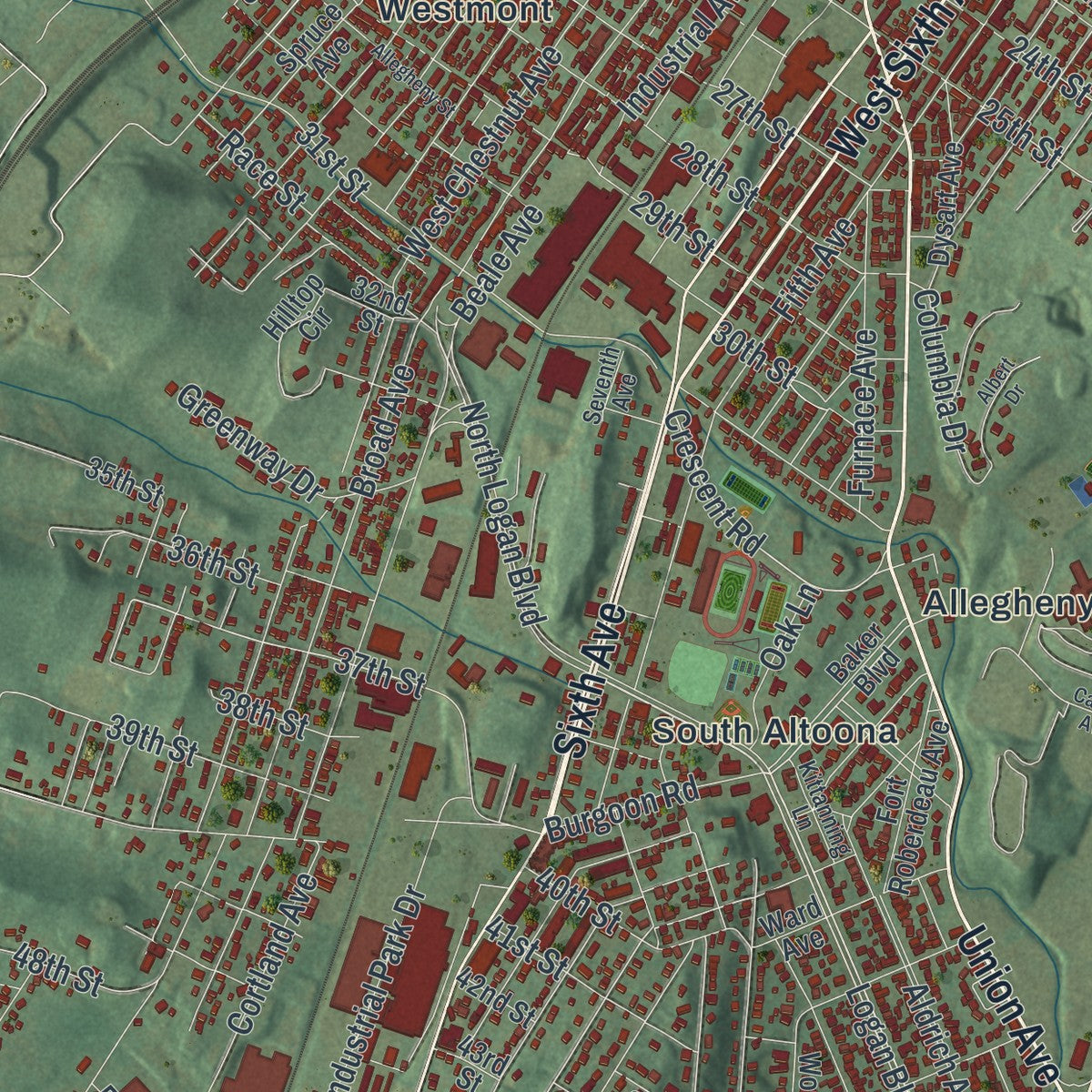 Second close-up of the map of Altoona, Pennsylvania print showing more streets and buildings