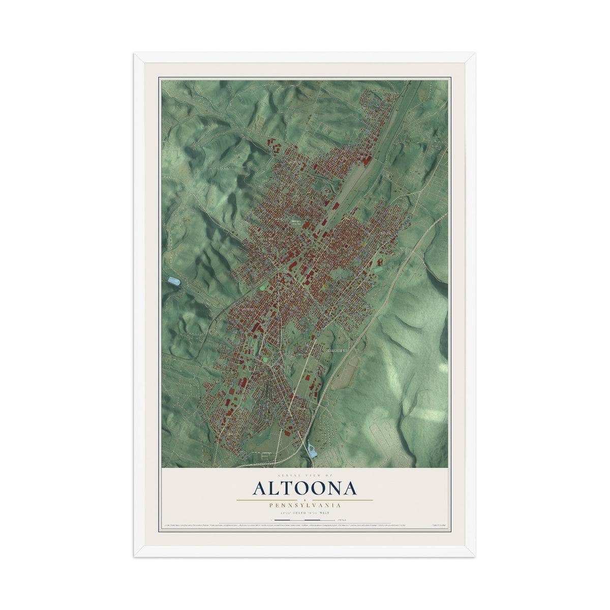 Map of Altoona, Pennsylvania, 12 x 18 inch print in a white wood frame