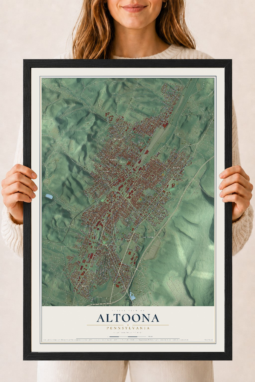 Map of Altoona, Pennsylvania, 18 x 24 inch print in a black wood frame