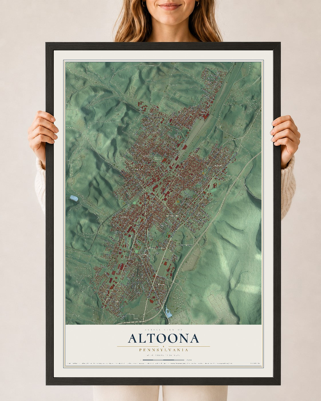 Map of Altoona, Pennsylvania, 24 x 36 inch print in a black wood frame