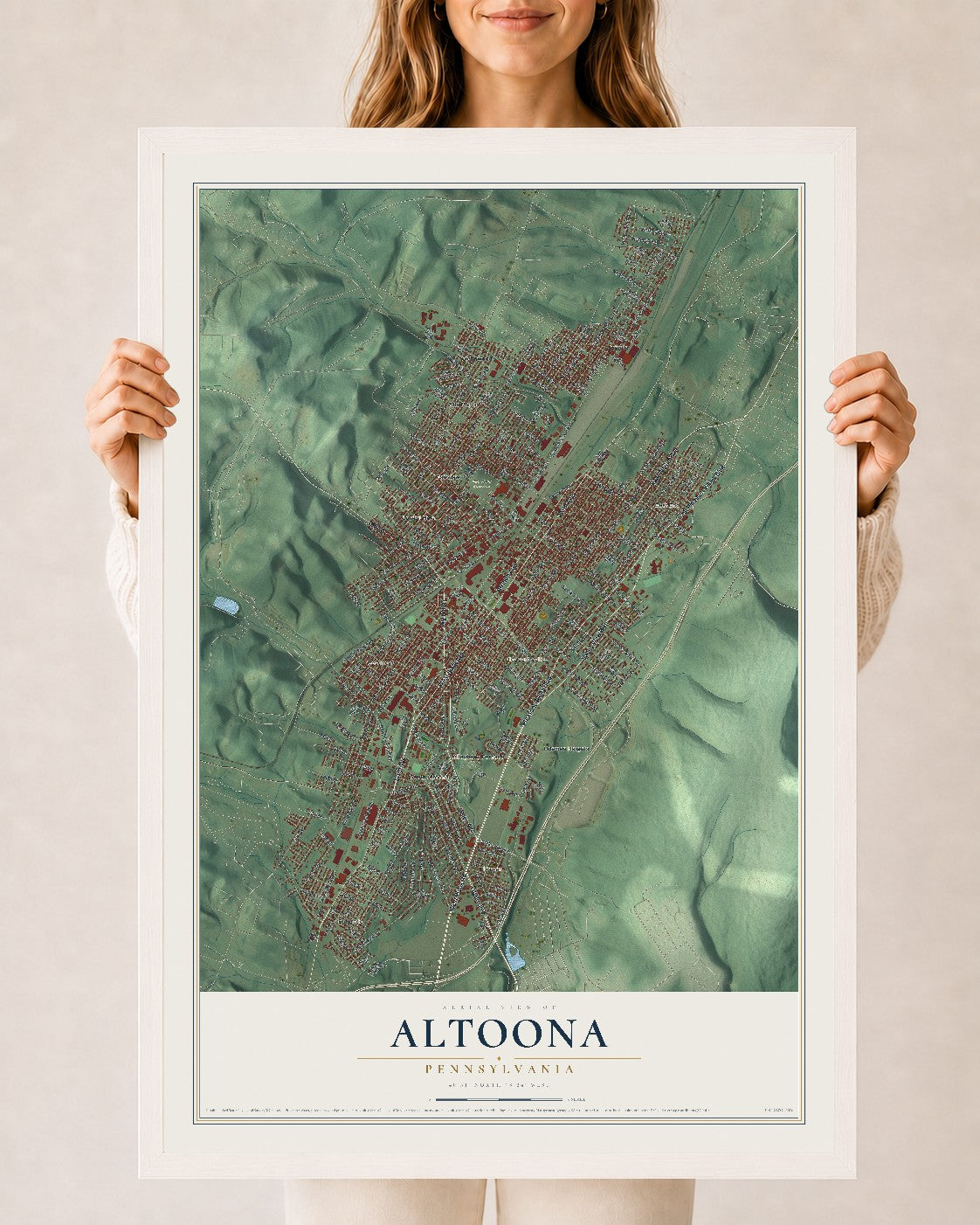 Map of Altoona, Pennsylvania, 24 x 36 inch print in a white wood frame