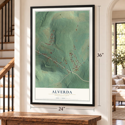 Alverda, Pennsylvania map, 24 x 36 inch print in a black frame by a staircase