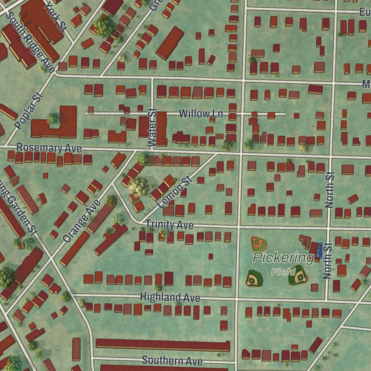 Close-up of the map of Ambler, Pennsylvania print showing street and building detail