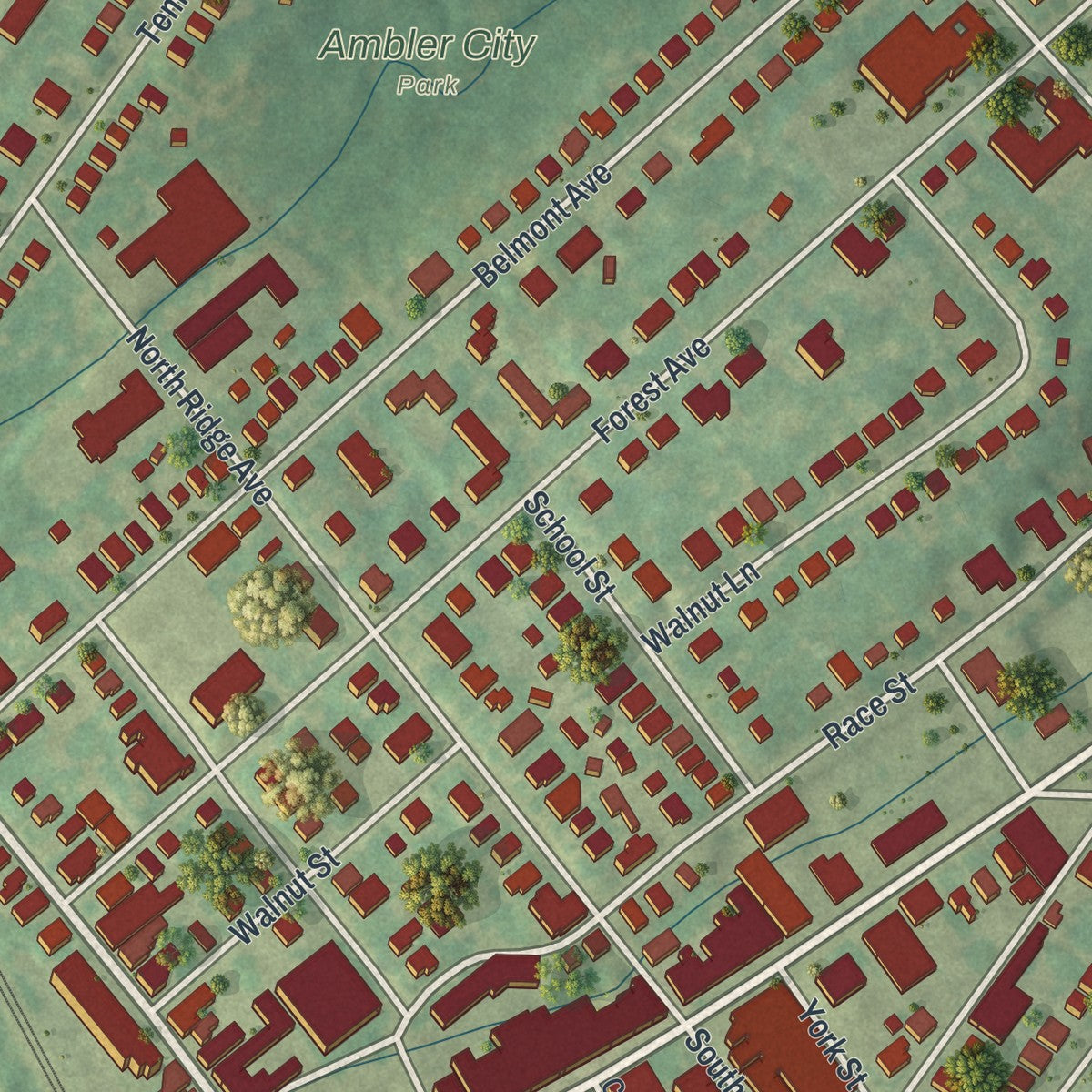 Second close-up of the map of Ambler, Pennsylvania print showing more streets and buildings