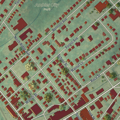 Second close-up of the map of Ambler, Pennsylvania print showing more streets and buildings
