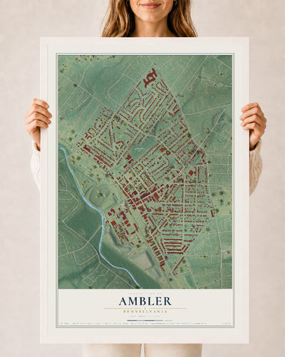 Map of Ambler, Pennsylvania, 24 x 36 inch print in a white wood frame