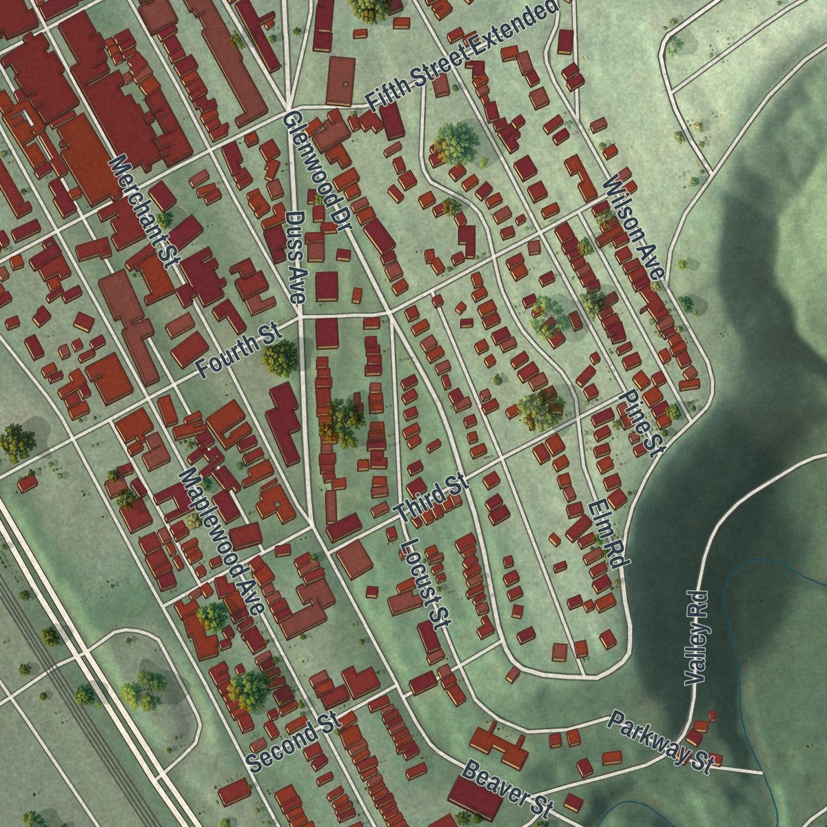 Second close-up of the map of Ambridge, Pennsylvania print showing more streets and buildings