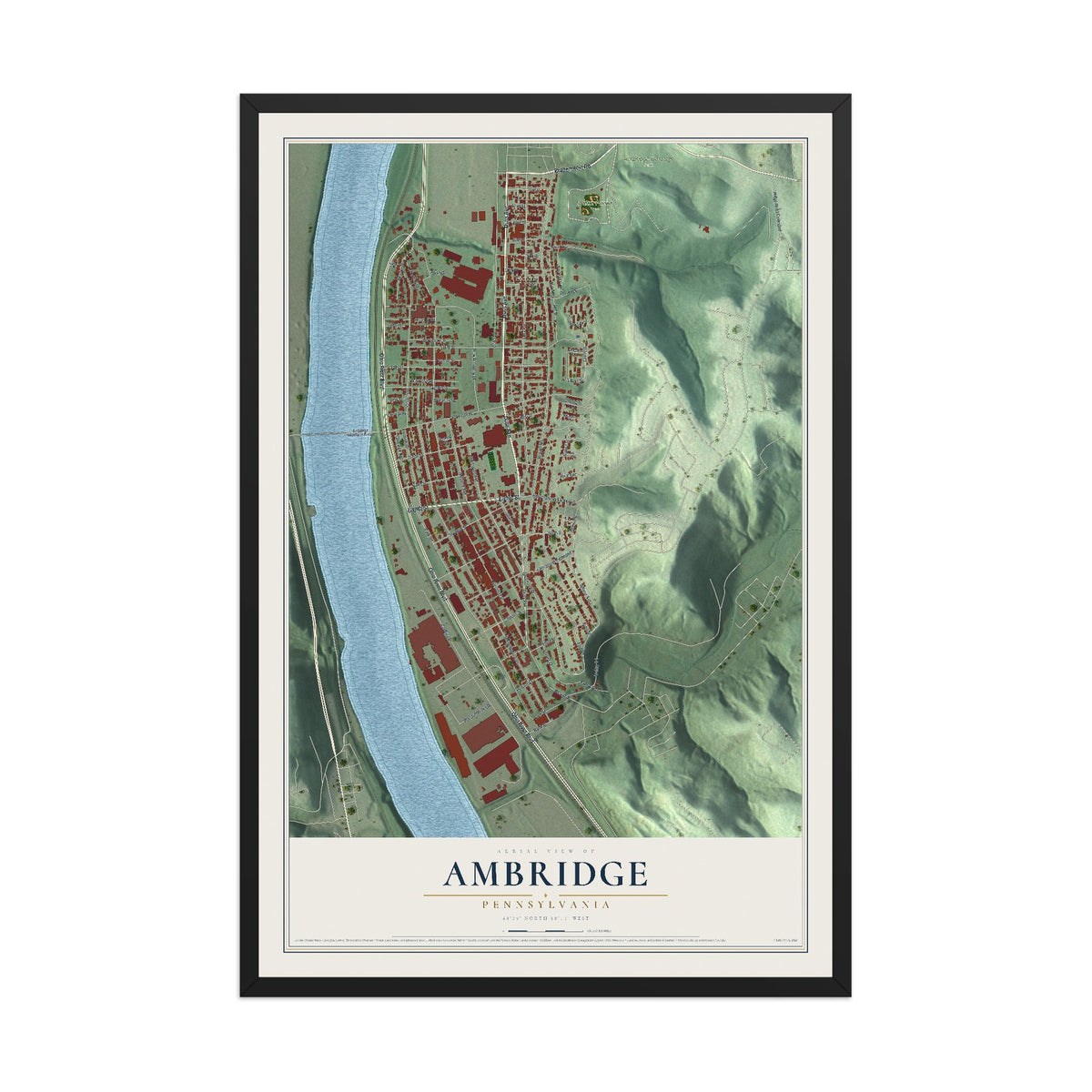 Map of Ambridge, Pennsylvania, 12 x 18 inch print in a black wood frame