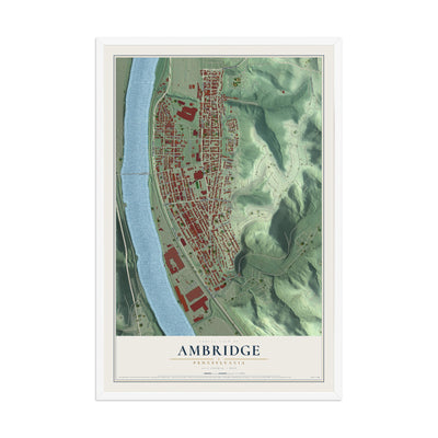 Map of Ambridge, Pennsylvania, 12 x 18 inch print in a white wood frame
