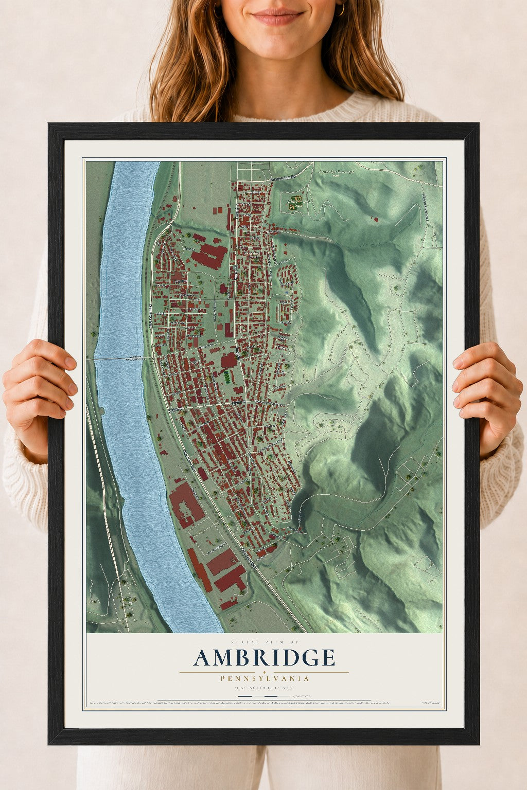 Map of Ambridge, Pennsylvania, 18 x 24 inch print in a black wood frame