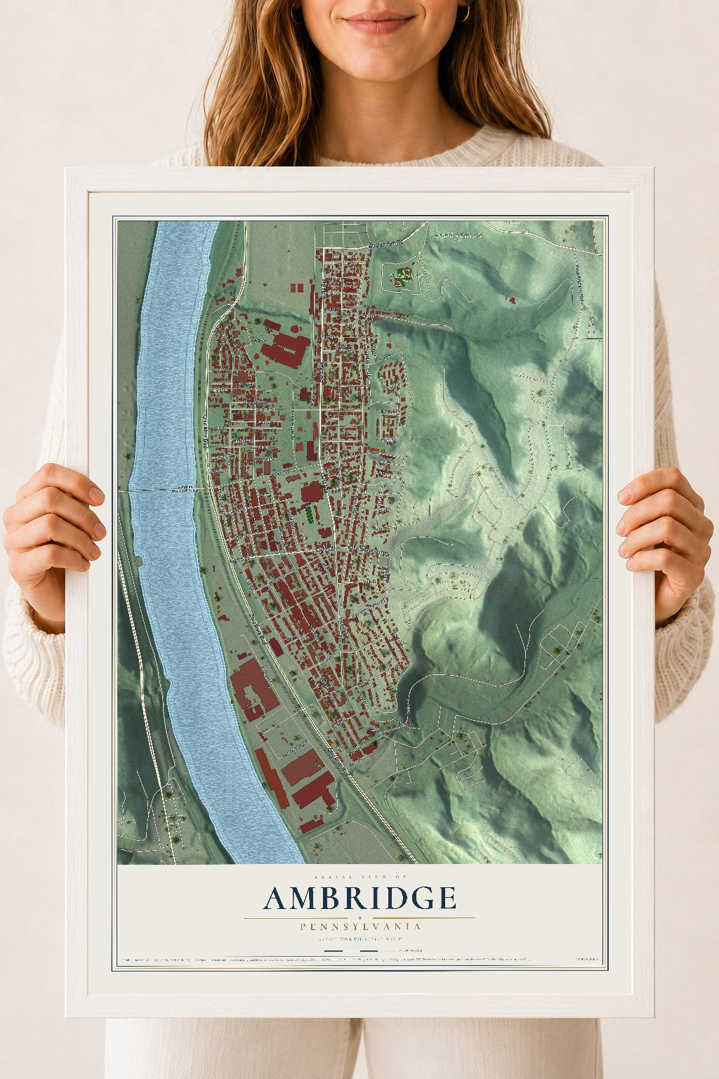 Map of Ambridge, Pennsylvania, 18 x 24 inch print in a white wood frame