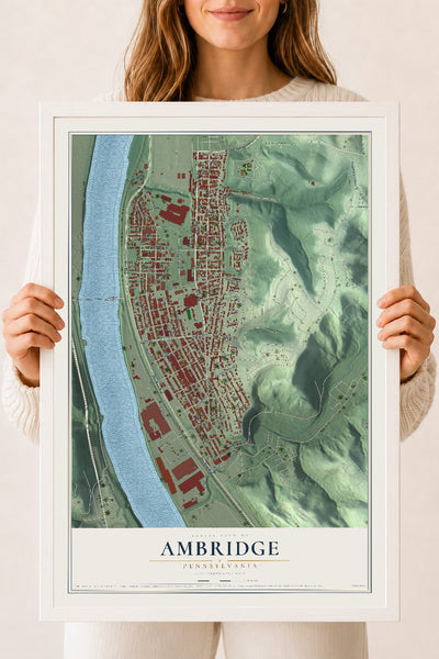 Map of Ambridge, Pennsylvania, 18 x 24 inch print in a white wood frame