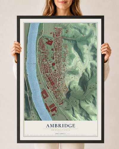 Map of Ambridge, Pennsylvania, 24 x 36 inch print in a black wood frame