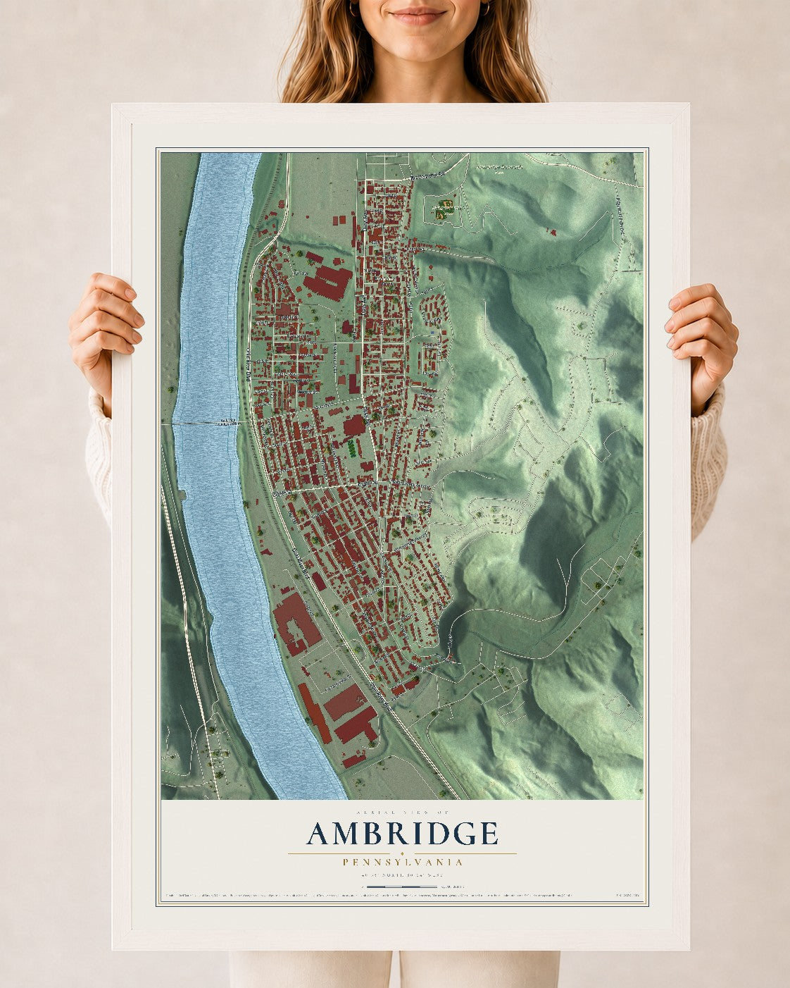 Map of Ambridge, Pennsylvania, 24 x 36 inch print in a white wood frame