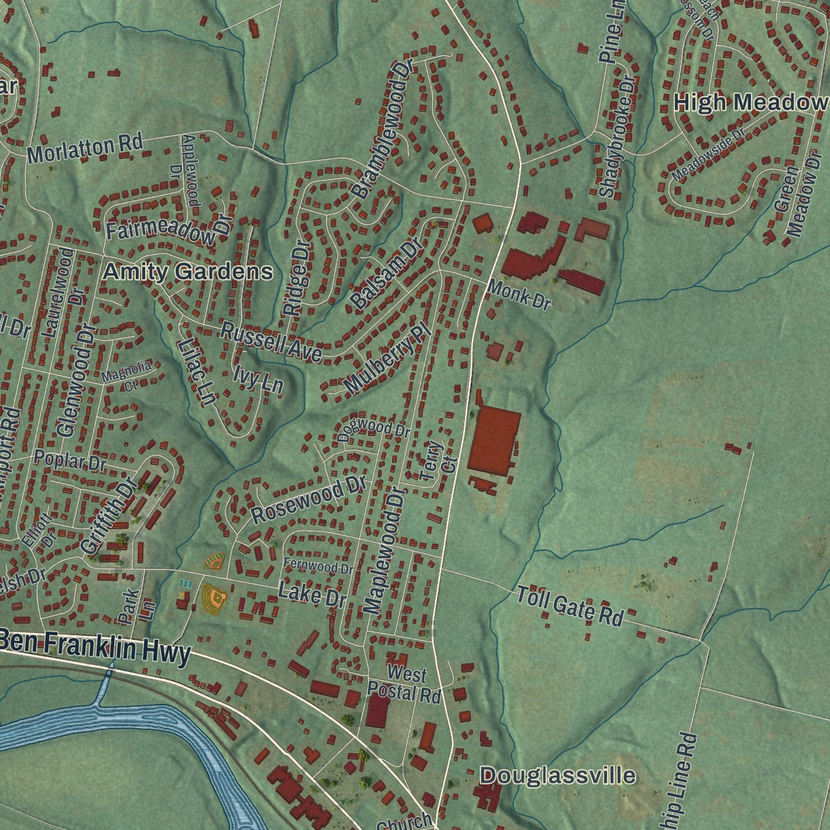 Close-up of the map of Amity, Berks County, Pennsylvania print showing street and building detail