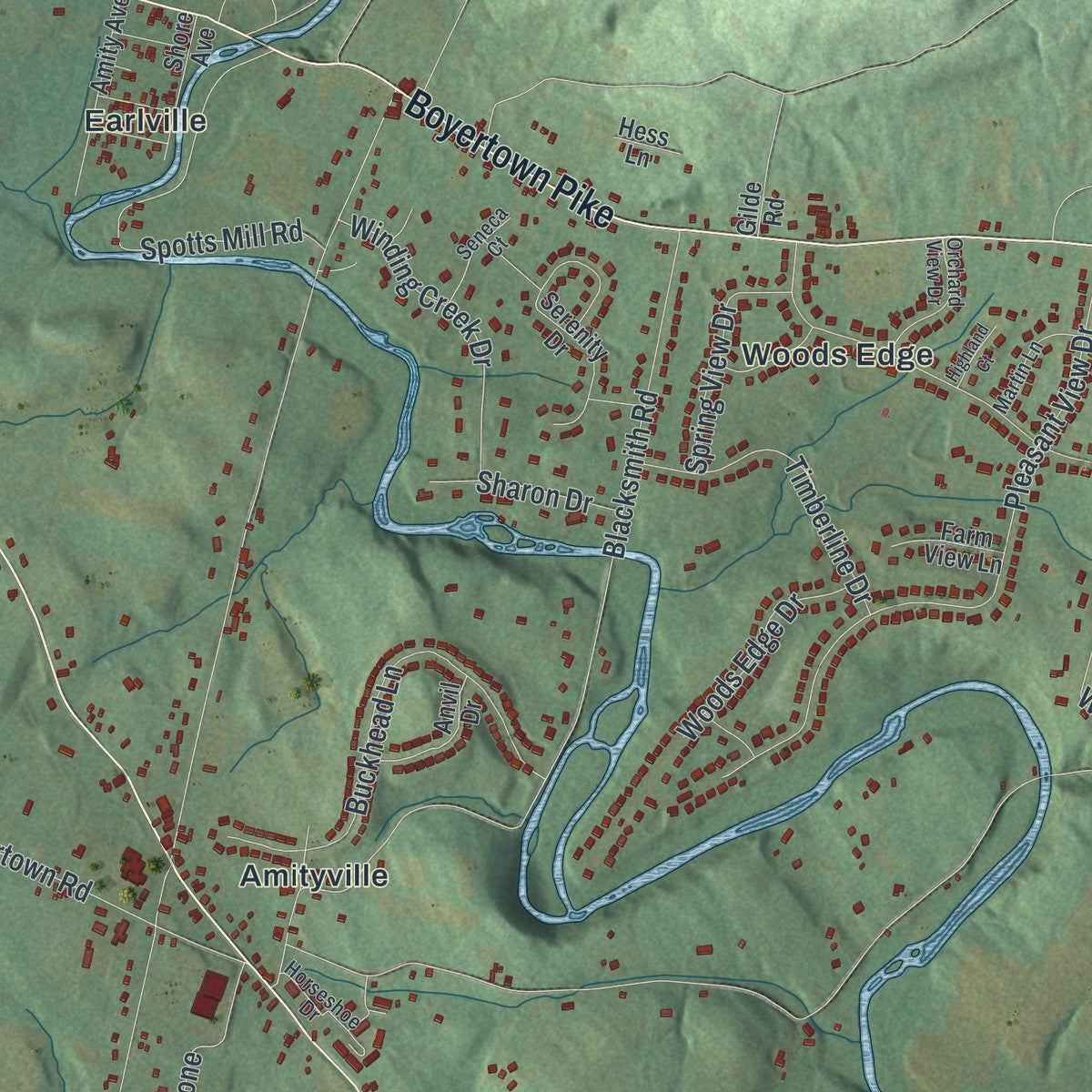 Second close-up of the map of Amity, Berks County, Pennsylvania print showing more streets and buildings