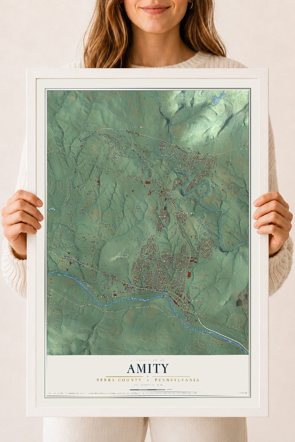 Map of Amity, Berks County, Pennsylvania, 18 x 24 inch print in a white wood frame