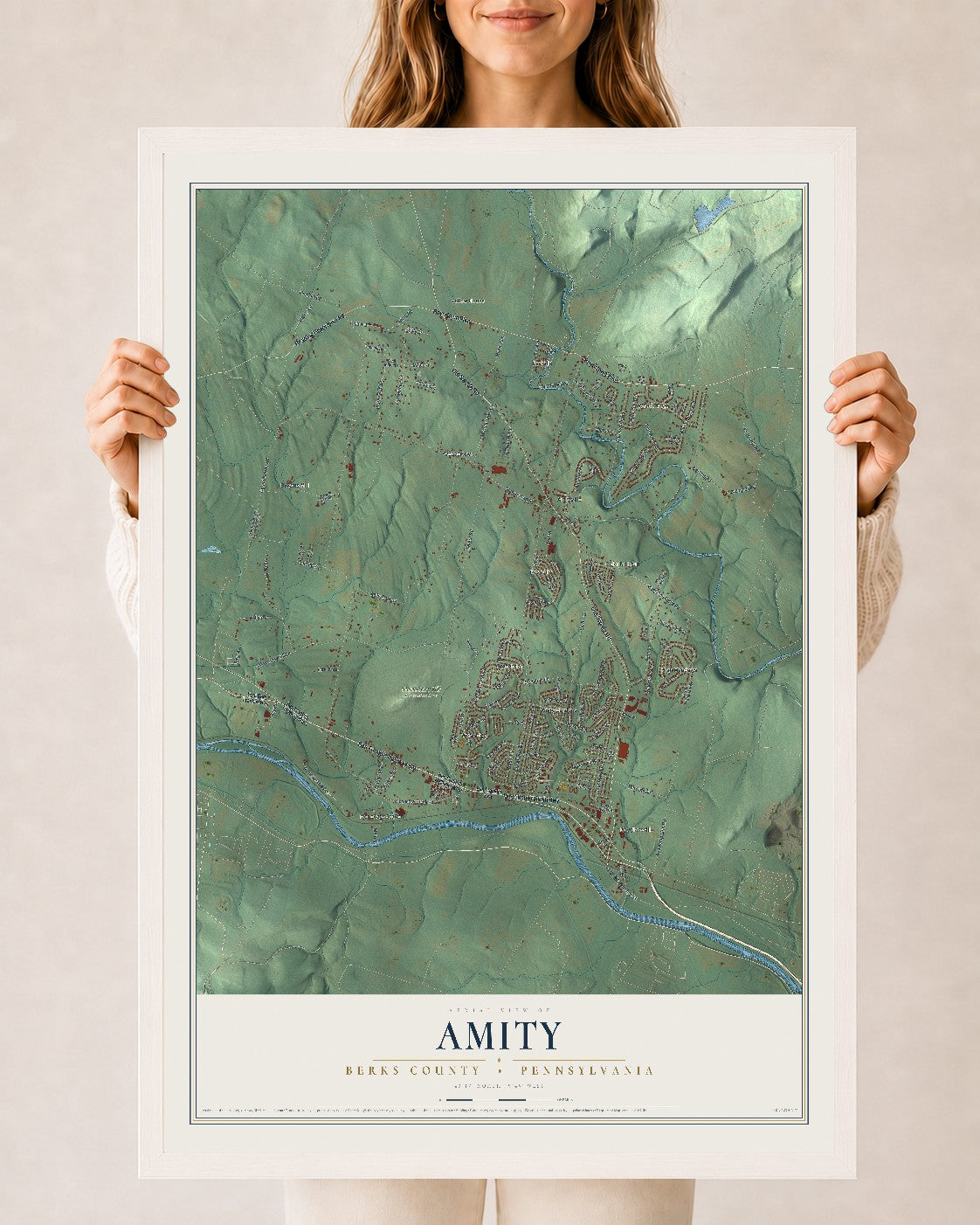 Map of Amity, Berks County, Pennsylvania, 24 x 36 inch print in a white wood frame