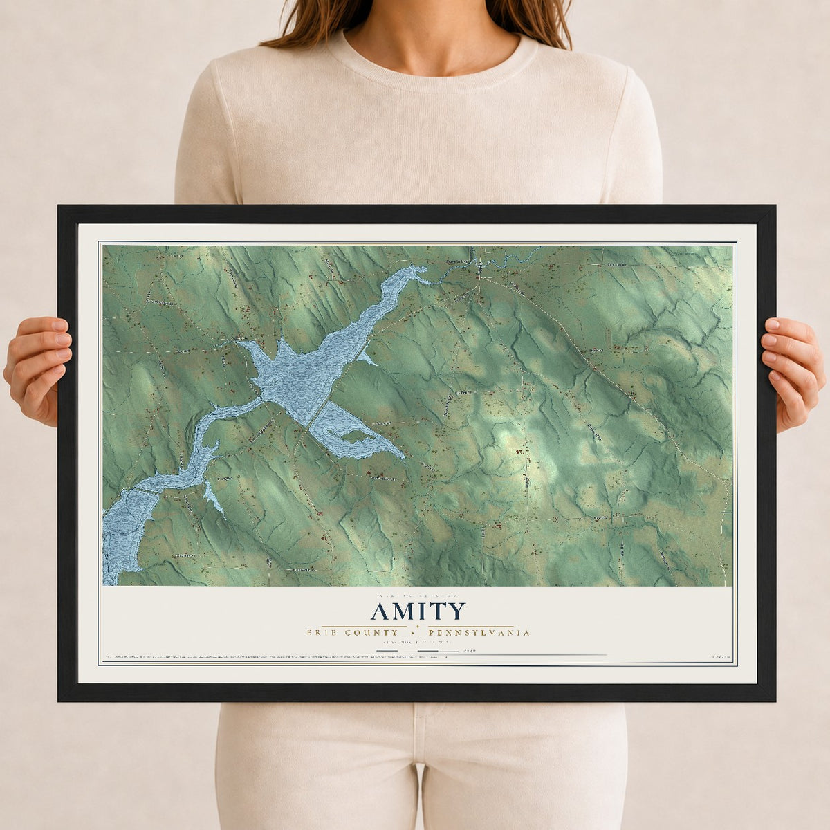 Map of Amity, Erie County, Pennsylvania, 12 x 18 inch print in a black wood frame