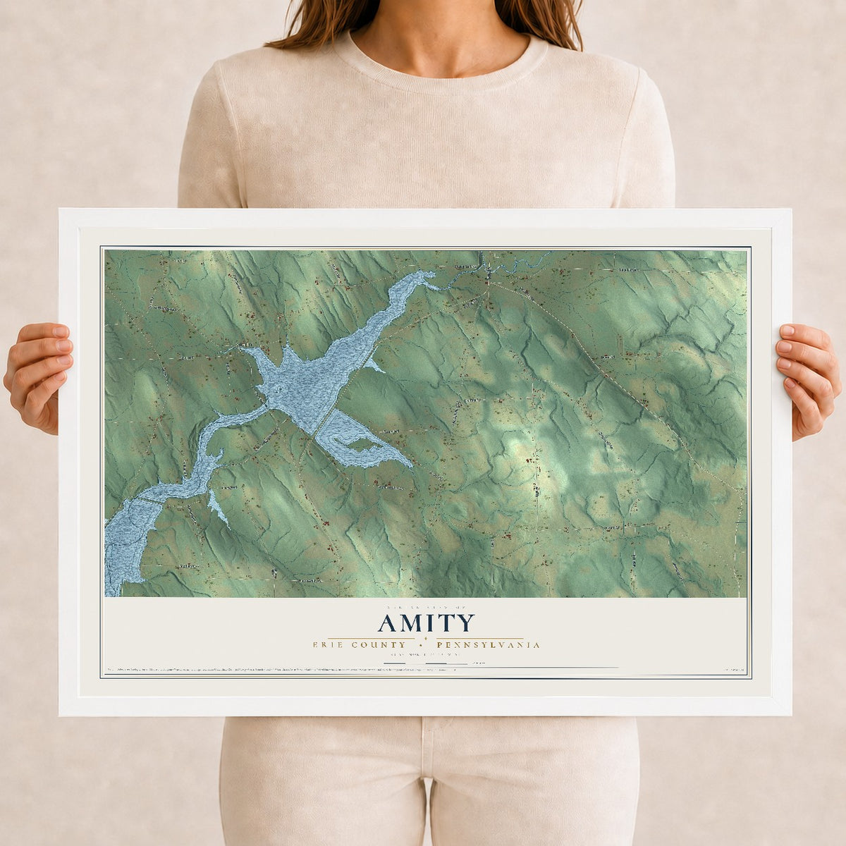 Map of Amity, Erie County, Pennsylvania, 12 x 18 inch print in a white wood frame