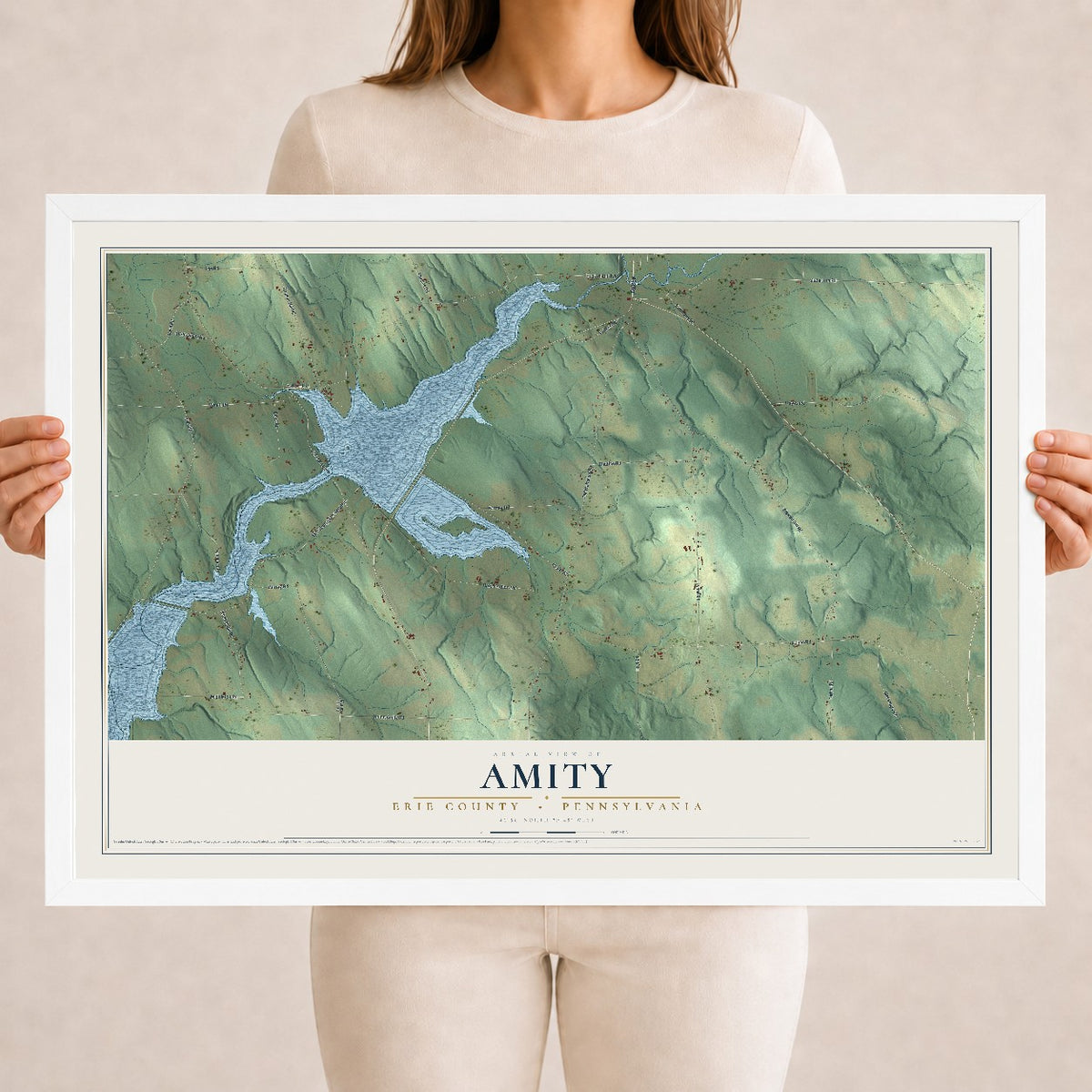 Map of Amity, Erie County, Pennsylvania, 18 x 24 inch print in a white wood frame