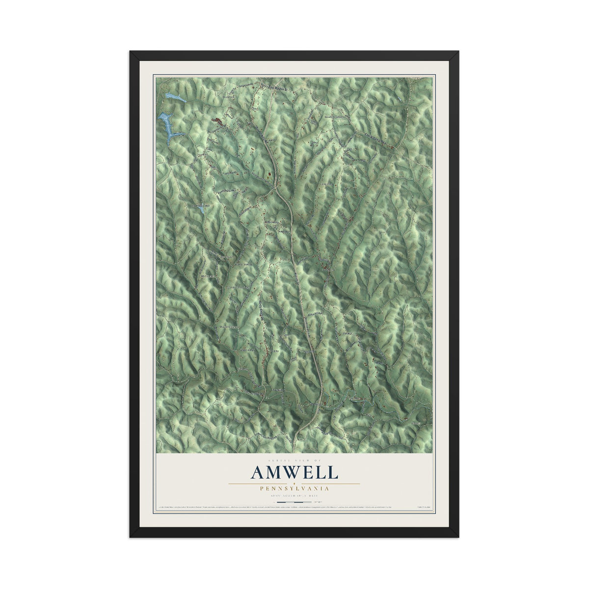 Map of Amwell, Pennsylvania, 12 x 18 inch print in a black wood frame