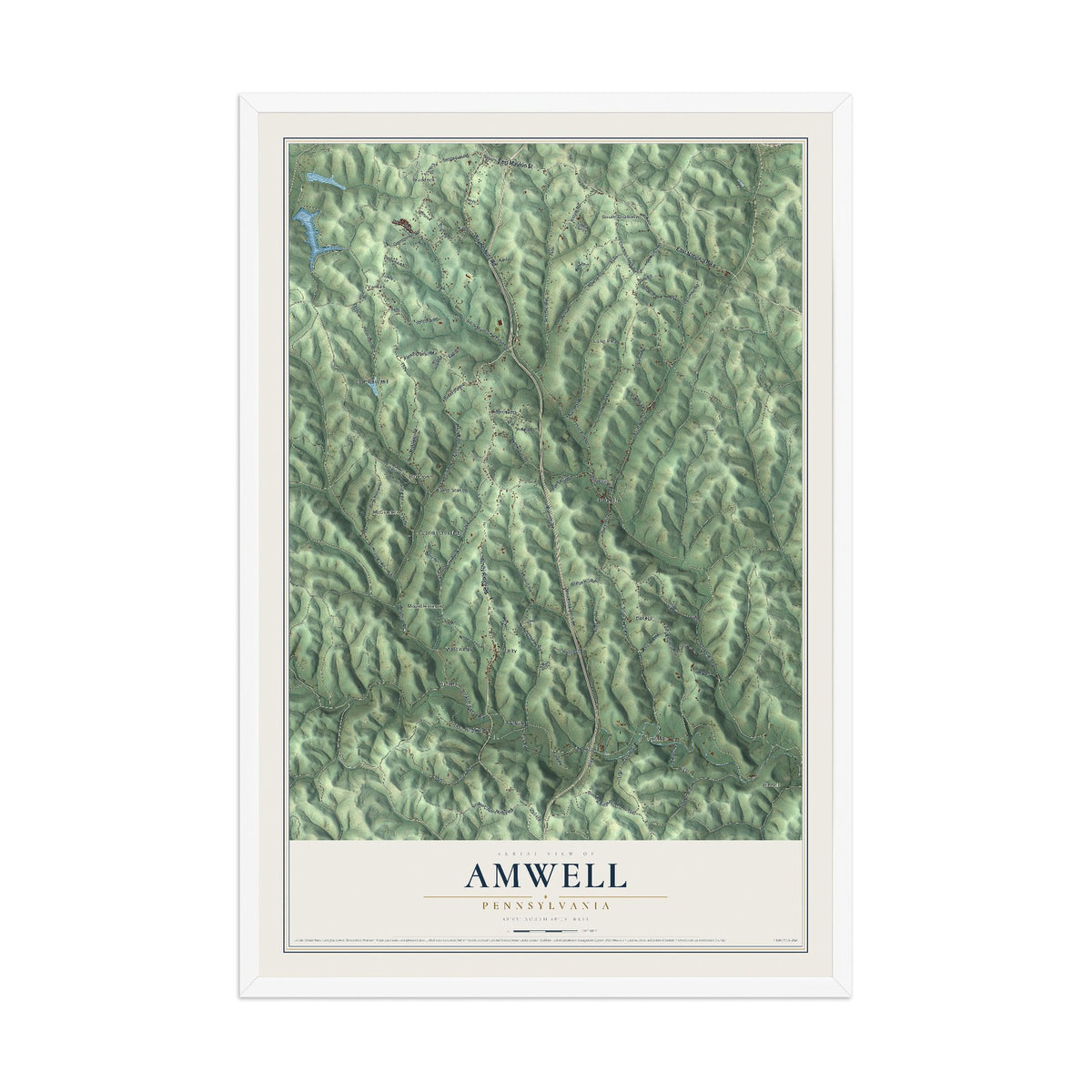 Map of Amwell, Pennsylvania, 12 x 18 inch print in a white wood frame