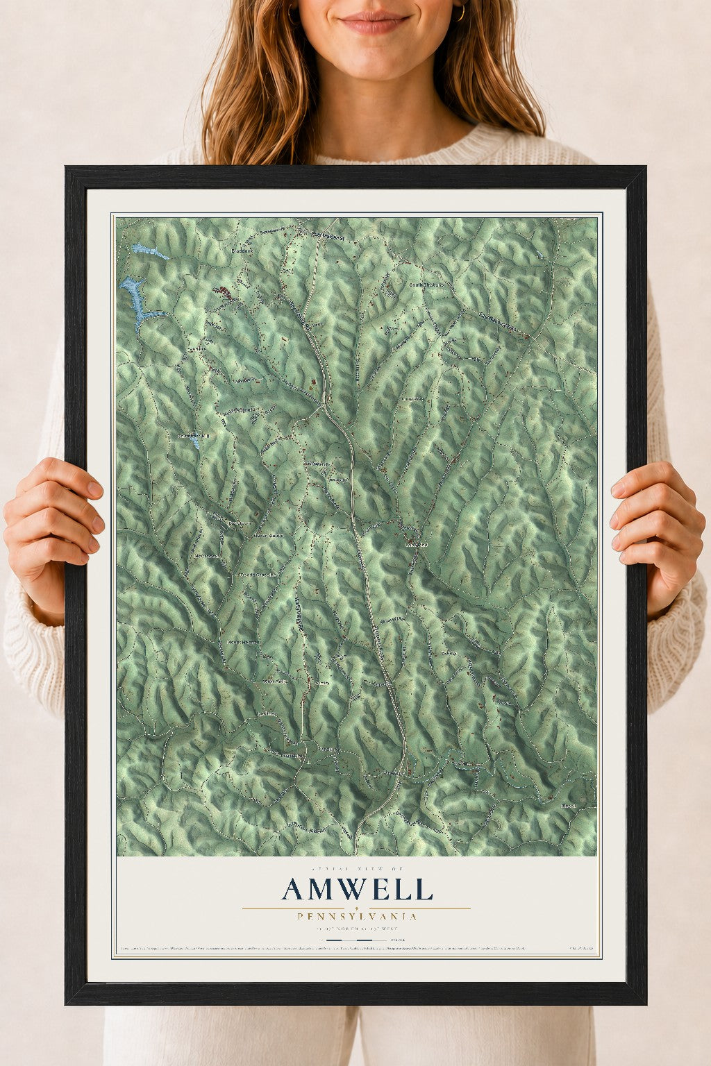 Map of Amwell, Pennsylvania, 18 x 24 inch print in a black wood frame