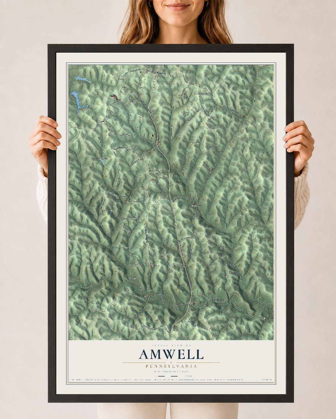 Map of Amwell, Pennsylvania, 24 x 36 inch print in a black wood frame