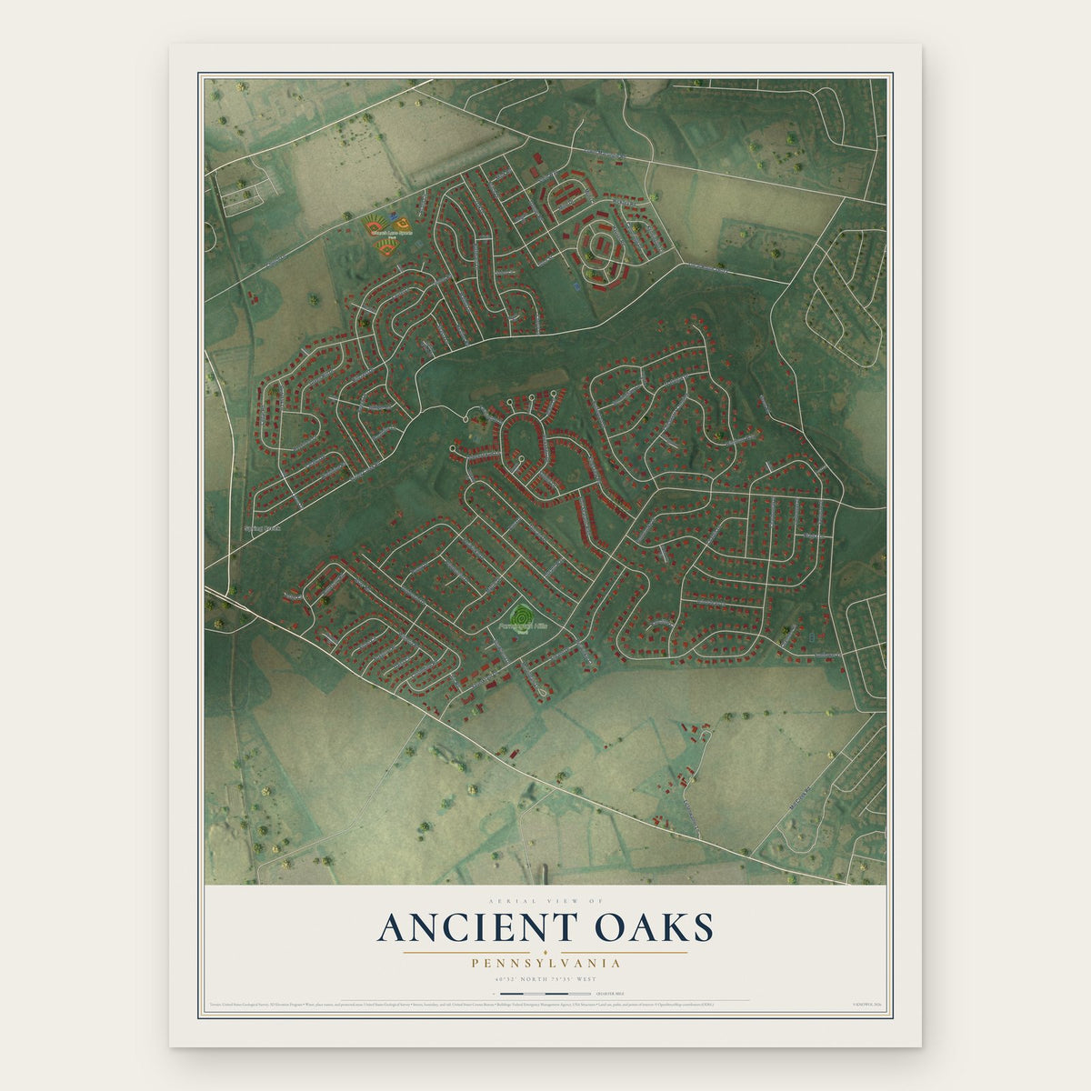 Ancient Oaks, Pennsylvania map print, the full design