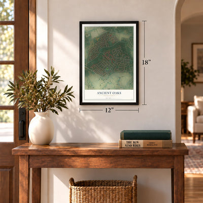 Ancient Oaks, Pennsylvania map, 12 x 18 inch print in a black frame in an entryway