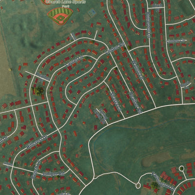 Close-up of the map of Ancient Oaks, Pennsylvania print showing street and building detail