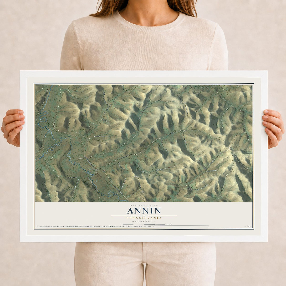 Map of Annin, Pennsylvania, 12 x 18 inch print in a white wood frame