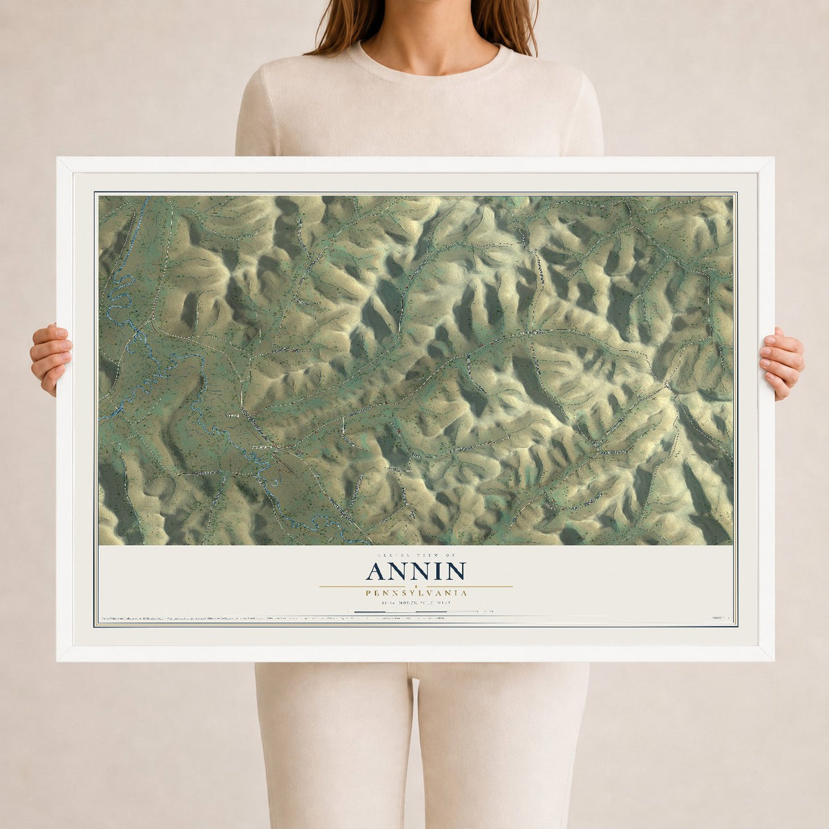 Map of Annin, Pennsylvania, 24 x 36 inch print in a white wood frame