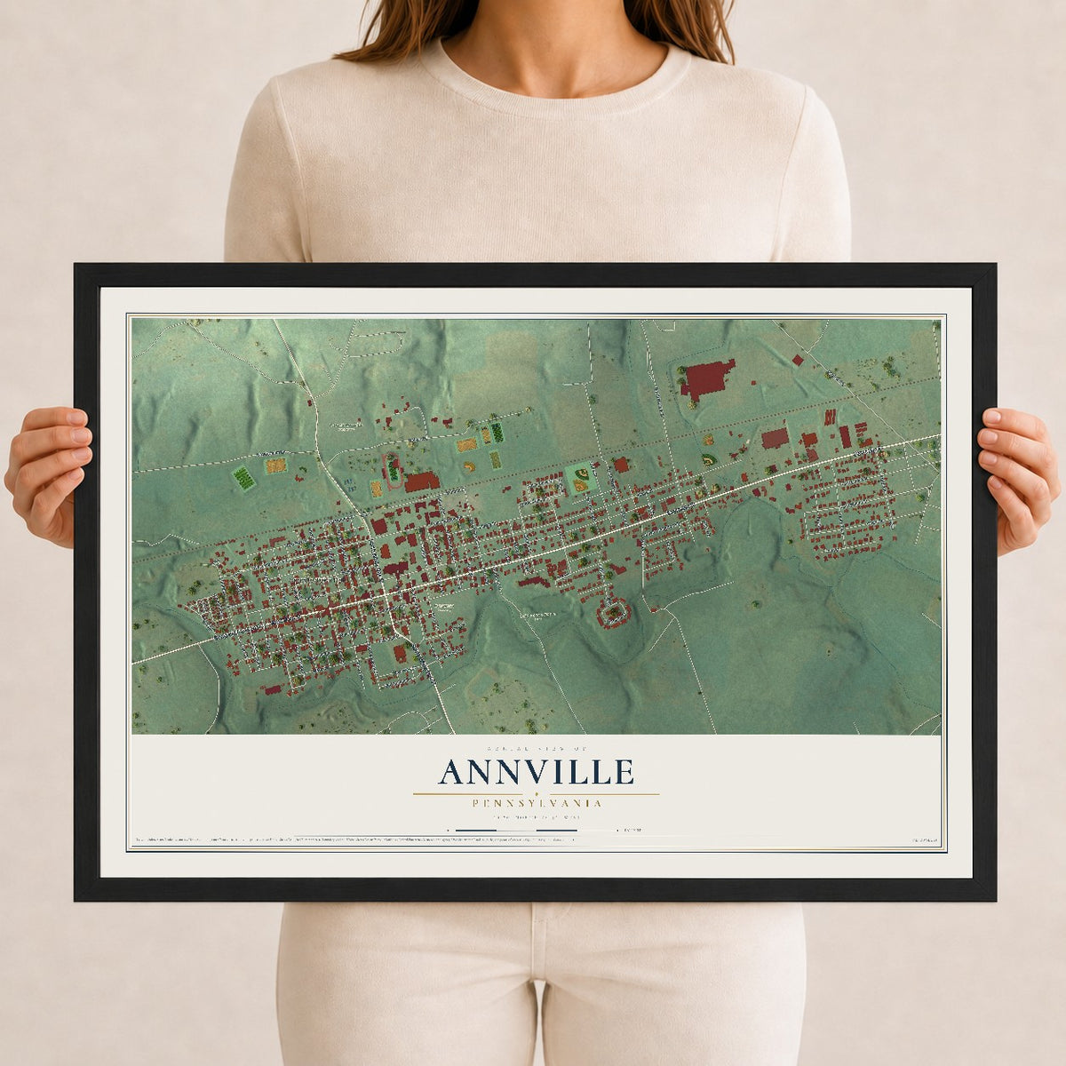 Map of Annville, Pennsylvania, 12 x 18 inch print in a black wood frame