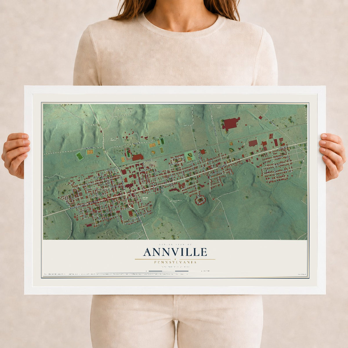 Map of Annville, Pennsylvania, 12 x 18 inch print in a white wood frame