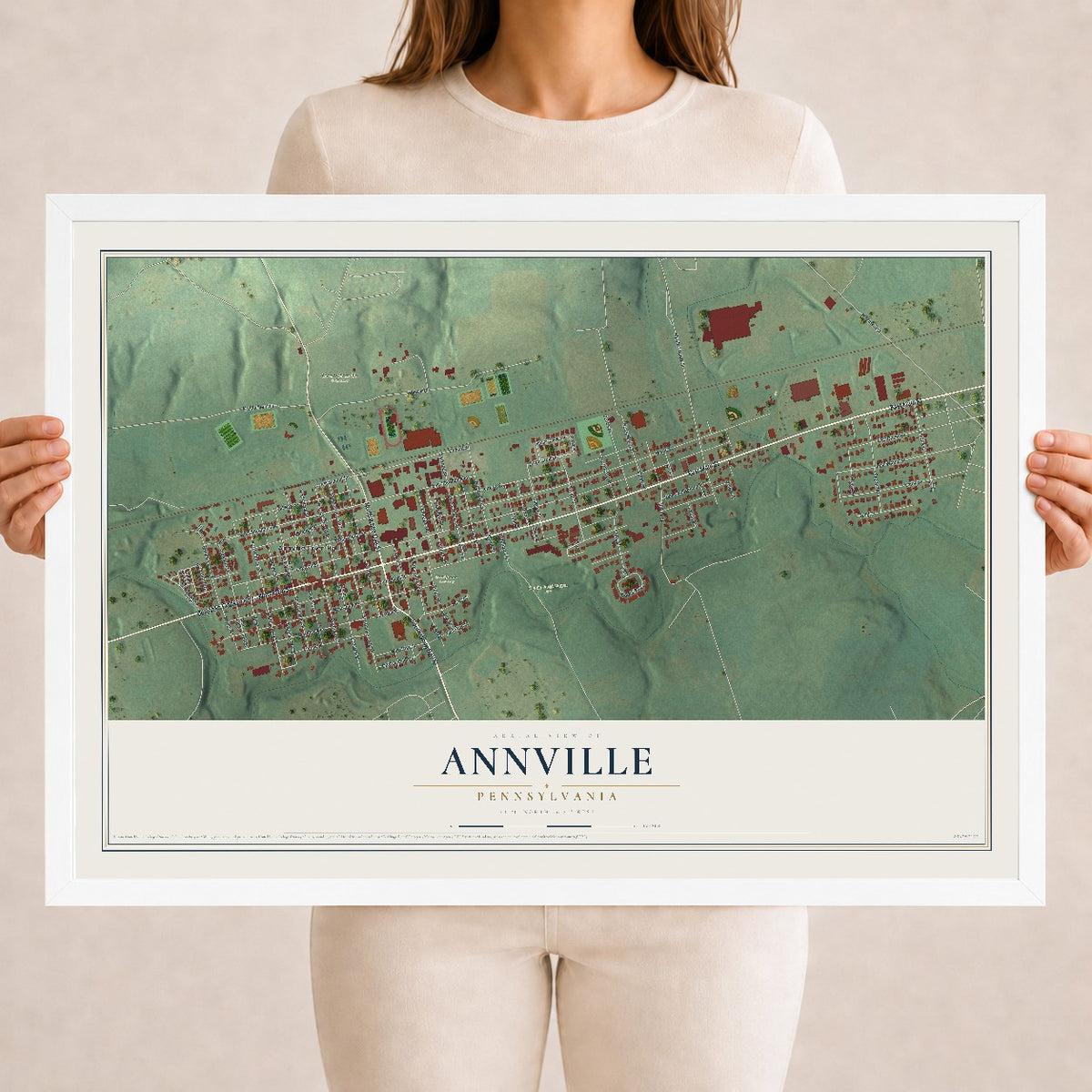Map of Annville, Pennsylvania, 18 x 24 inch print in a white wood frame