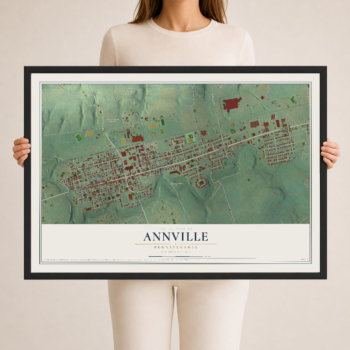 Map of Annville, Pennsylvania, 24 x 36 inch print in a black wood frame