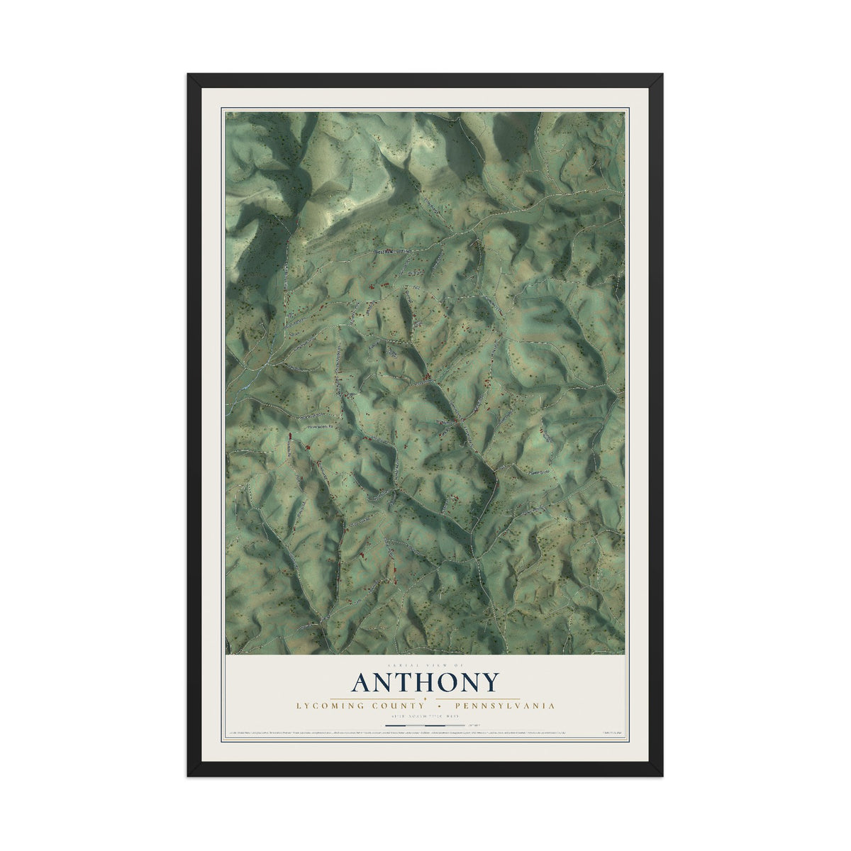 Map of Anthony, Lycoming County, Pennsylvania, 12 x 18 inch print in a black wood frame