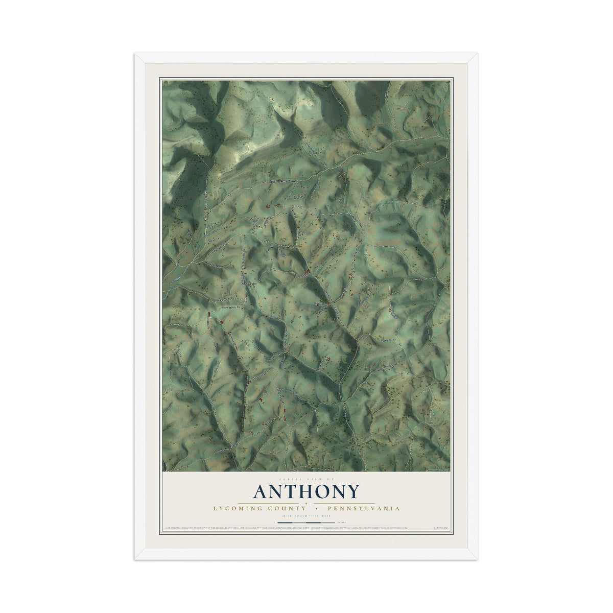 Map of Anthony, Lycoming County, Pennsylvania, 12 x 18 inch print in a white wood frame