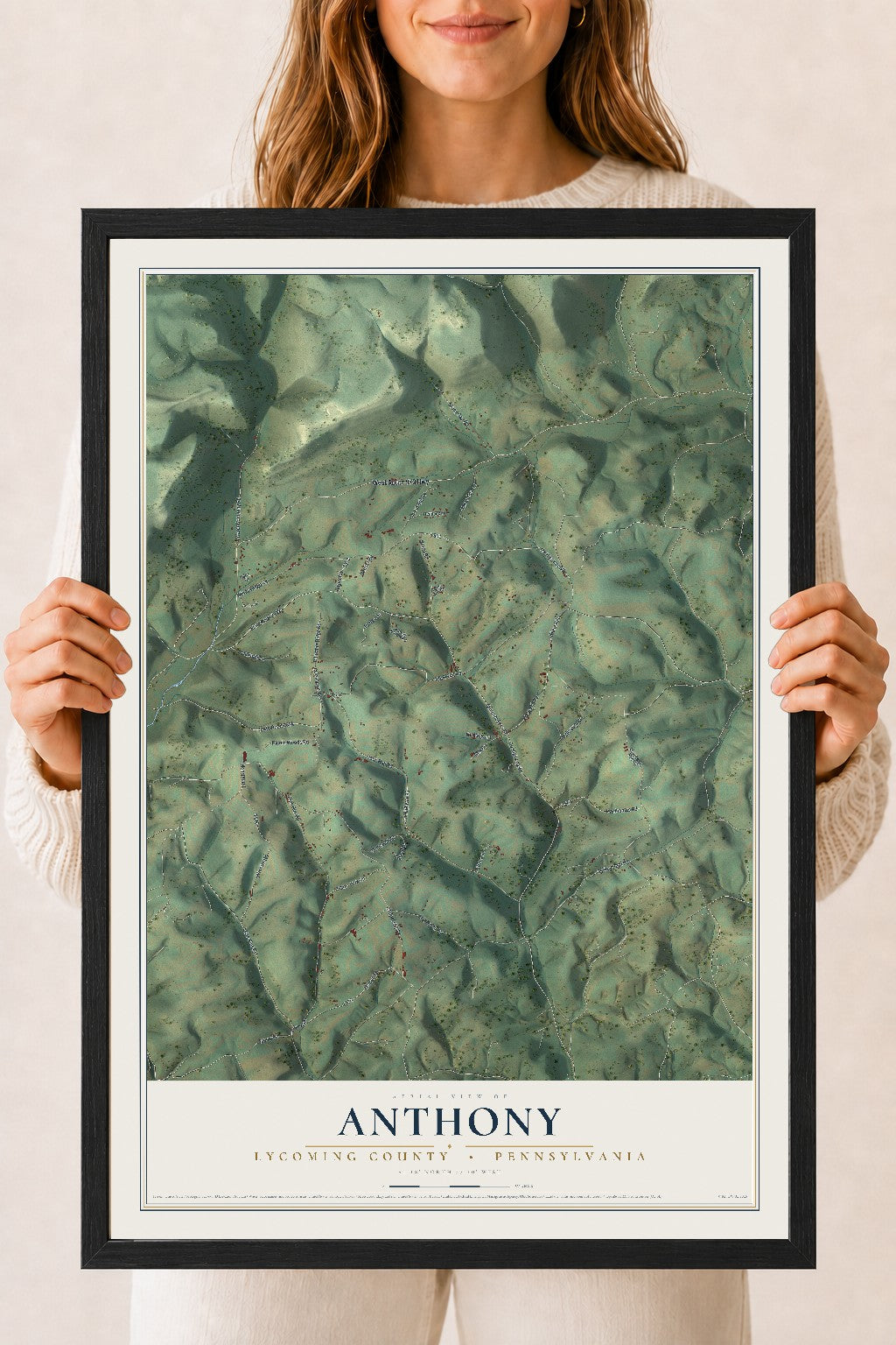 Map of Anthony, Lycoming County, Pennsylvania, 18 x 24 inch print in a black wood frame